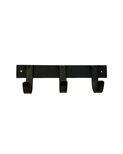 Black metal wall-mounted coat rack with three hooks from Industrial Farm Co, The Mary Style handmade design on white backg...