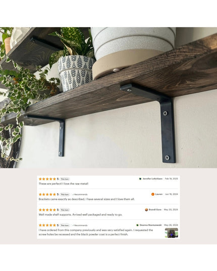 Black steel L-shaped shelf brackets by Industrial Farm Co supporting wood shelves with plants and home decor, showing heav...