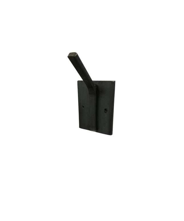 Black metal wall mounted hook with angled design and mounting plate featuring two screw holes - The Tator Hook by Industri...
