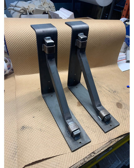 Black steel mantel brackets with square support bars and metal straps by Industrial Farm Co, handmade heavy duty construct...
