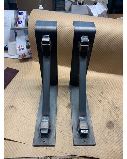 Black steel Bison 3" mantel brackets with square support bars and metal straps by Industrial Farm Co, heavy duty handmade ...