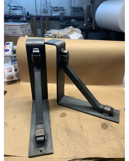 Black steel Bison 3" mantel brackets with square support bars and metal straps by Industrial Farm Co, handmade heavy duty ...