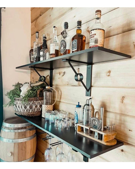 Black metal Glen Cove Modern Shelf Support brackets holding dark wood shelves with liquor bottles and bar accessories agai...