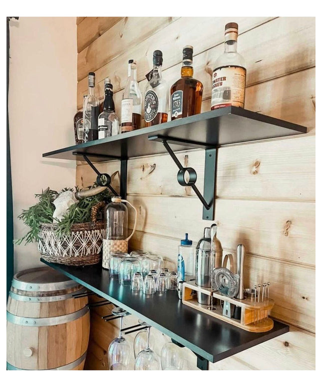 Black metal Glen Cove Modern Shelf Support brackets holding dark wood shelves with liquor bottles and bar accessories agai...