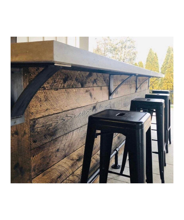 Black industrial steel shelf brackets supporting reclaimed wood counter with metal bar stools - Albany 4 inch curved suppo...