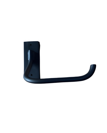 Black curved toilet paper holder from Industrial Farm Co with minimalist wall-mount design and L-shaped arm