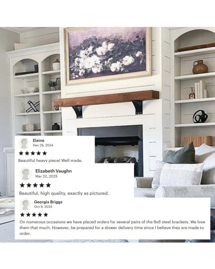 Industrial black steel shelf brackets supporting wooden mantel above white brick fireplace, featuring curved support bars ...