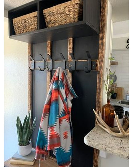 Industrial Farm Co Fairmount Style dark gray coat rack with natural wood trim, wall-mounted with storage baskets and metal...