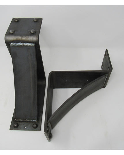 Heavy duty steel mantel bracket in dark finish with decorative rivets from Industrial Farm Co, showing L-shaped mounting d...