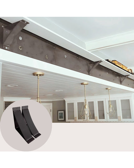 Black metal Hattie Style Bracket Supports mounted under white kitchen island shelf with pendant lights, showing Industrial...