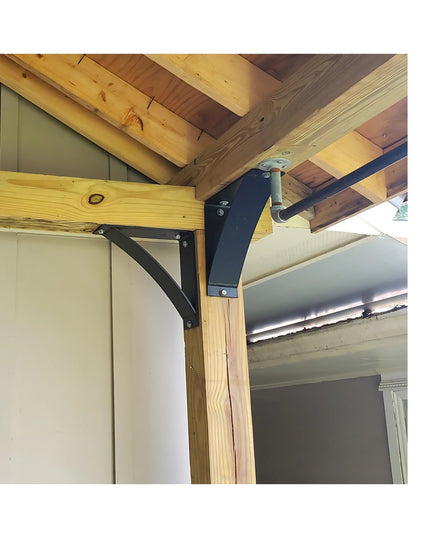 Black metal Andrew Countertop Support brackets mounted on natural wood beam structure by Industrial Farm Co, showing trian...