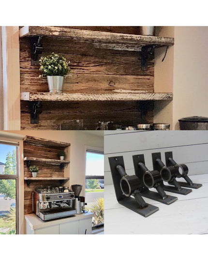 Black metal Glen Cove Modern Shelf Supports by Industrial Farm Co mounted on rustic reclaimed wood floating shelves in mod...