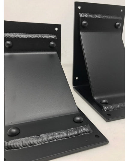 Black metal Geneseo bracket supports by Industrial Farm Co showing welded steel construction with mounting holes and curve...