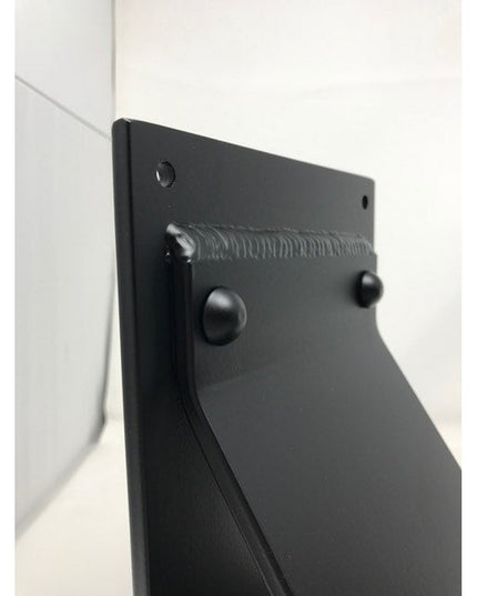 Black steel Geneseo Bracket Support from Industrial Farm Co mounted on white cabinet, showing modern industrial design wit...