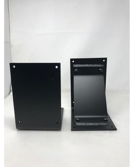 Black metal Geneseo Bracket Supports by Industrial Farm Co showing front and side view with welded construction and mounti...
