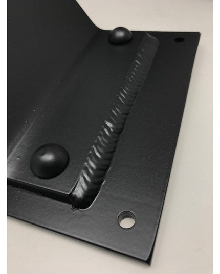 Black metal Geneseo Bracket Support by Industrial Farm Co with ribbed angular design and mounting hardware on white backgr...