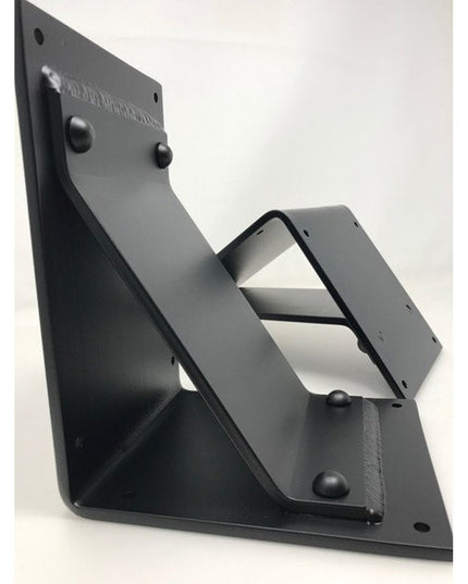 Black powder-coated steel Geneseo Bracket Supports by Industrial Farm Co showing modern industrial triangular wall mount d...