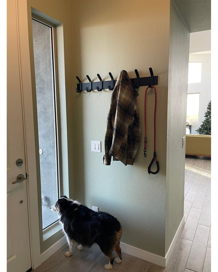 Black wall-mounted Fairmount Style Coat Rack by Industrial Farm Co with 6 hooks holding plaid jacket and red dog leash in ...