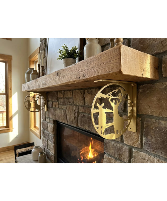 Handcrafted golden metal deer landscape L-bracket supporting rustic wood mantel shelf above stone fireplace by Industrial ...