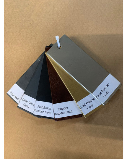 Skaneateles Falls steel finish sample kit by Industrial Farm Co showing 6 handcrafted powder coat swatches in fan arrangem...