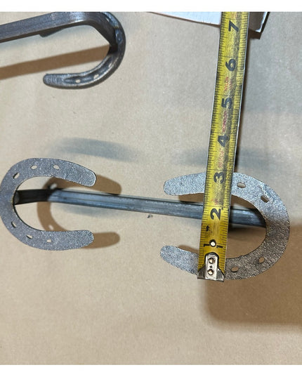 Chincoteague Pony Shoe Door Handle by Industrial Farm Co - handcrafted horseshoe door pull with measuring tape showing size