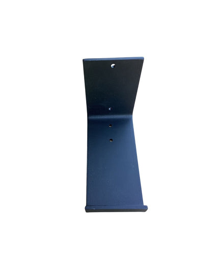 Black steel J-shaped shelf bracket by Industrial Farm Co with curved design and mounting holes for mantel or shelf support