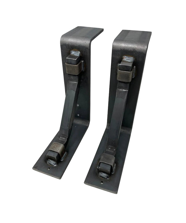 Black steel Bison 3" mantel brackets with square support bars and metal straps by Industrial Farm Co, heavy duty handmade USA
