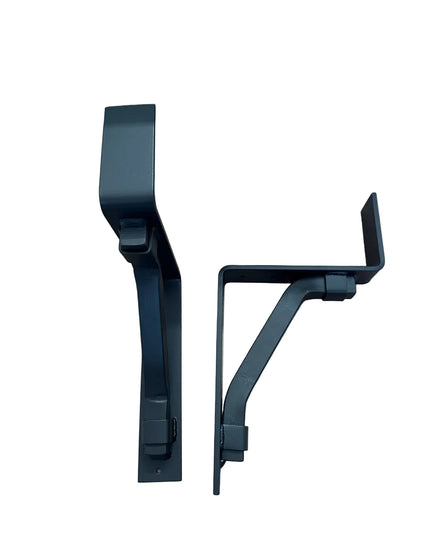 Black steel Bullhorn2 inch mantel brackets with square support bars and metal straps by Industrial Farm Co, heavy duty ha...