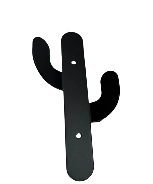 Black metal Sedona Cactus Wall Hook by Industrial Farm Co with two curved arms and mounting holes on white background