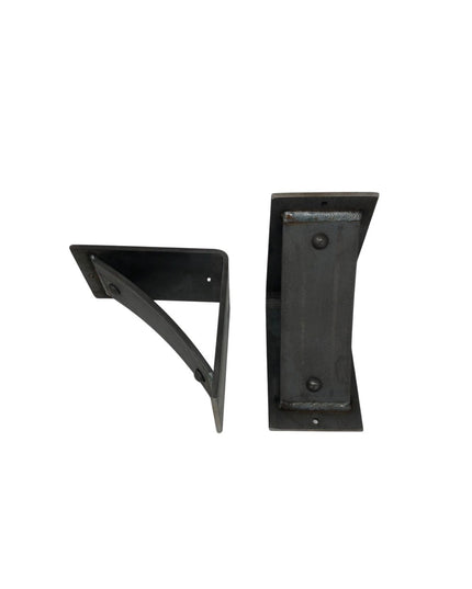 Black metal Moravia 4" shelf brackets with rivets by Industrial Farm Co showing front and side view against white background