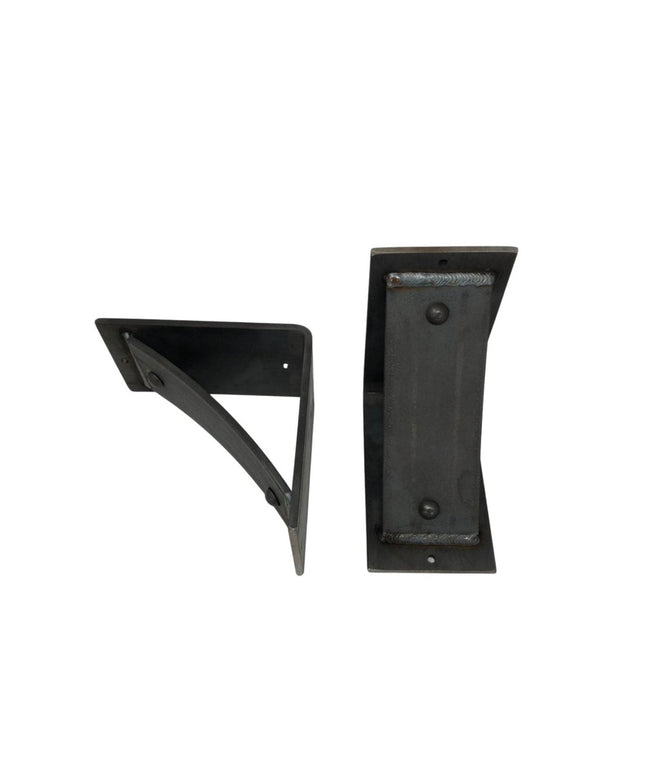Black metal Moravia 4" shelf brackets with rivets by Industrial Farm Co showing front and side view against white background