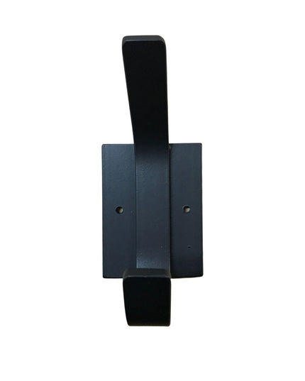 Black metal Elizabeth Wall Hook by Industrial Farm Co with rectangular mounting plate and two mounting holes on white back...