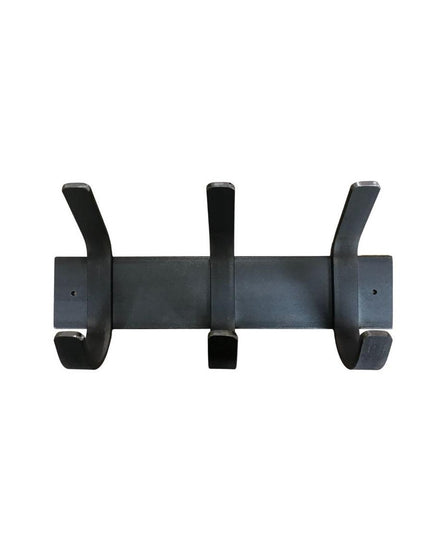 Black metal Fairmount Style Coat Rack with three curved hooks mounted on rectangular wall plate by Industrial Farm Co
