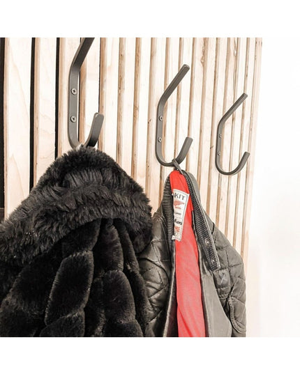 Gray metal double hooks mounted on light wood slat wall holding black fur coat and red quilted jacket - The Stewart 1/2" W...