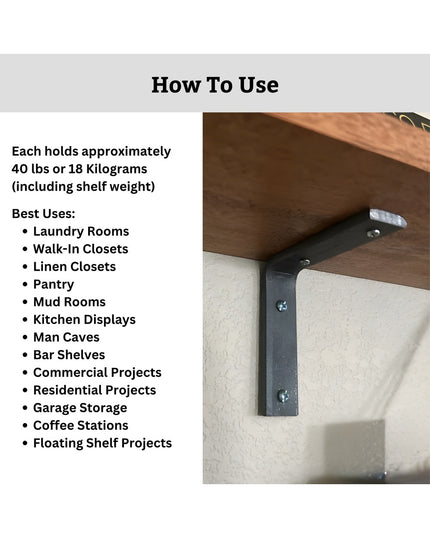 Black steel L-shaped shelf bracket from Industrial Farm Co mounted under wood shelf, showing heavy duty construction with ...