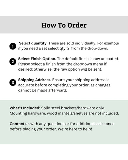 Industrial Farm Co Liverpool L Shelf Bracket ordering instructions showing 3-step process for selecting quantity, finish o...
