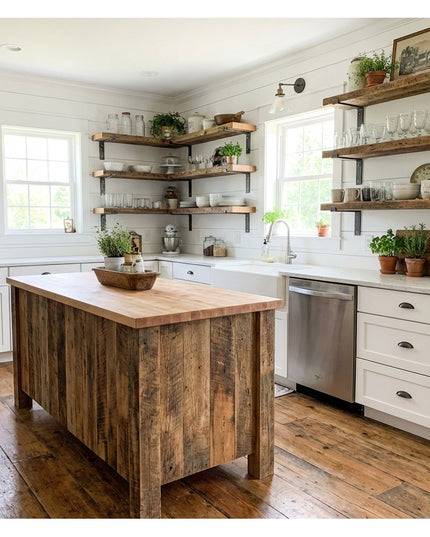 Rustic farmhouse kitchen featuring Auburn Z Open Shelf Support brackets holding reclaimed wood shelves with white shiplap ...
