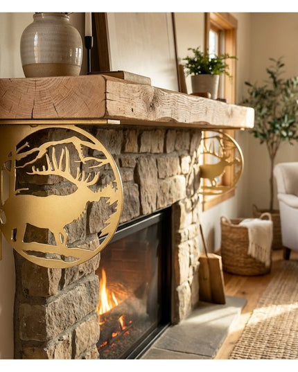 Handcrafted golden metal elk profile L-bracket shelf support by Industrial Farm Co mounted on rustic stone fireplace mante...
