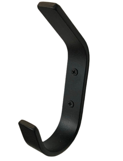 A single double hook featuring a robust, metallic construction. The hook has two prongs extending from a single base, designed for hanging multiple items simultaneously. Each prong is smoothly curved, allowing for easy and secure hanging of coats, hats, or other accessories, with a sleek and functional design
