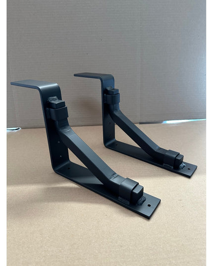 Black steel Bullhorn 2" mantel brackets with square support bars and metal straps by Industrial Farm Co, handmade heavy du...