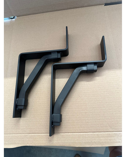 Black steel Bullhorn 2 inch mantel brackets with square support bars and metal straps by Industrial Farm Co, heavy duty ha...