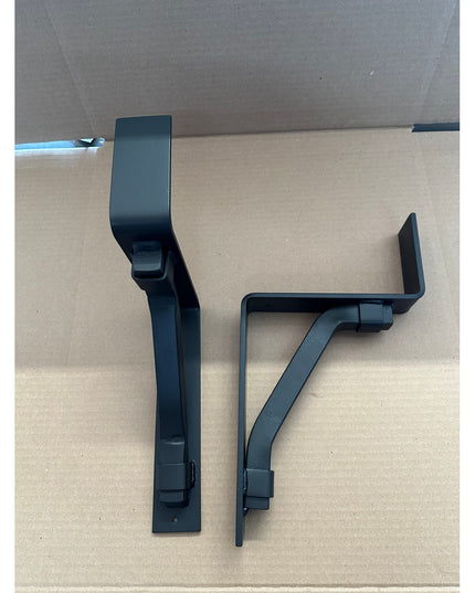 Black steel Bullhorn 2 inch mantel brackets with square support bars and metal straps by Industrial Farm Co, heavy duty ha...