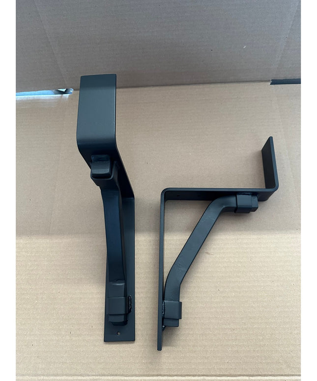 Black steel Bullhorn 2 inch mantel brackets with square support bars and metal straps by Industrial Farm Co, heavy duty ha...