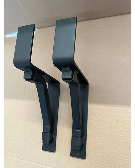 Black steel Bullhorn 2 inch mantel brackets with square support bars and metal straps by Industrial Farm Co, heavy duty ha...