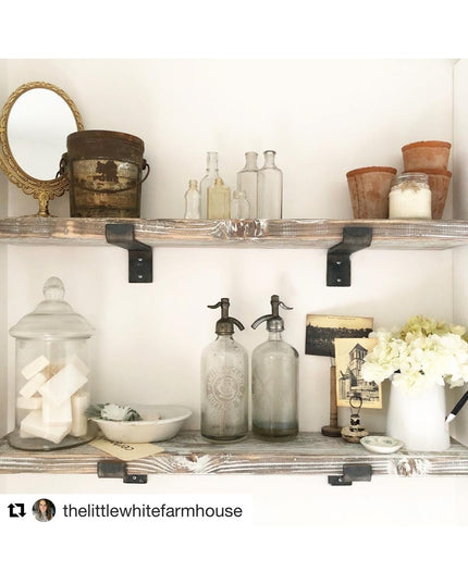 Black metal Auburn Z Open Shelf Support brackets holding rustic wood shelves displaying vintage farmhouse decor items and ...