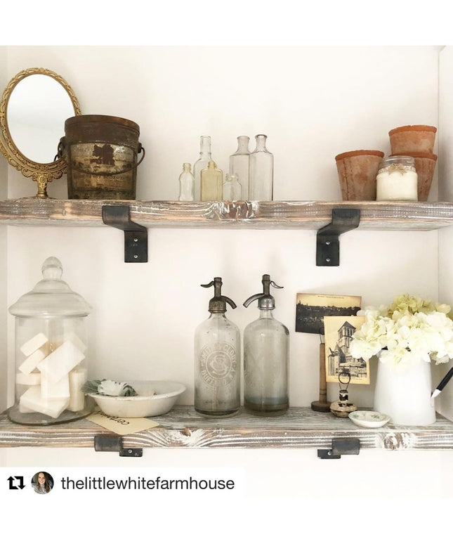 Black metal Auburn Z Open Shelf Support brackets holding rustic wood shelves displaying vintage farmhouse decor items and ...