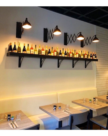 Black metal Niagara Bracket Support shelf brackets holding wine bottle display in modern restaurant with extendable wall l...