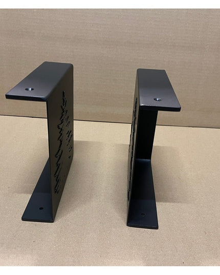 Black metal Vandiver Evergreen Tree Mantel End Caps by Industrial Farm Co with decorative tree cutouts, showing mounting h...