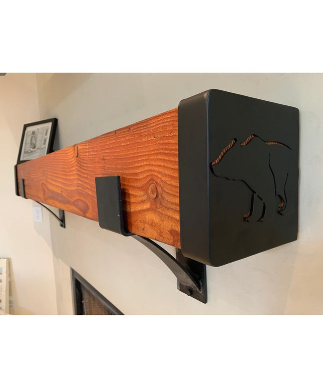 Vandiver Bear Mantel End Caps by Industrial Farm Co featuring black metal bear silhouettes on natural wood grain mantel sh...