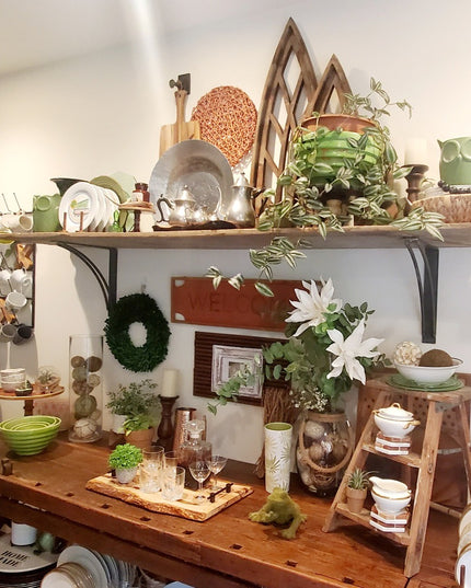 Rustic kitchen shelf with black Niagara Bracket Support from Industrial Farm Co displaying wooden bowls, plants, and farmh...